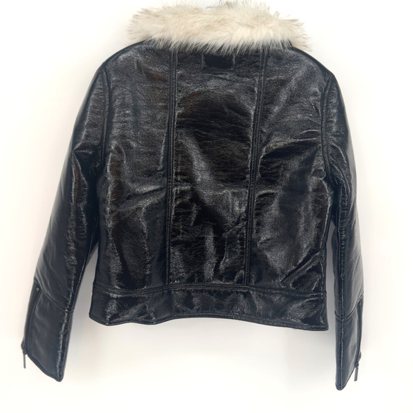 Unreal Fur Aviator Jacket Small Black Bomber Vegan Wet Look Leather Fur Collar - Picture 5 of 14